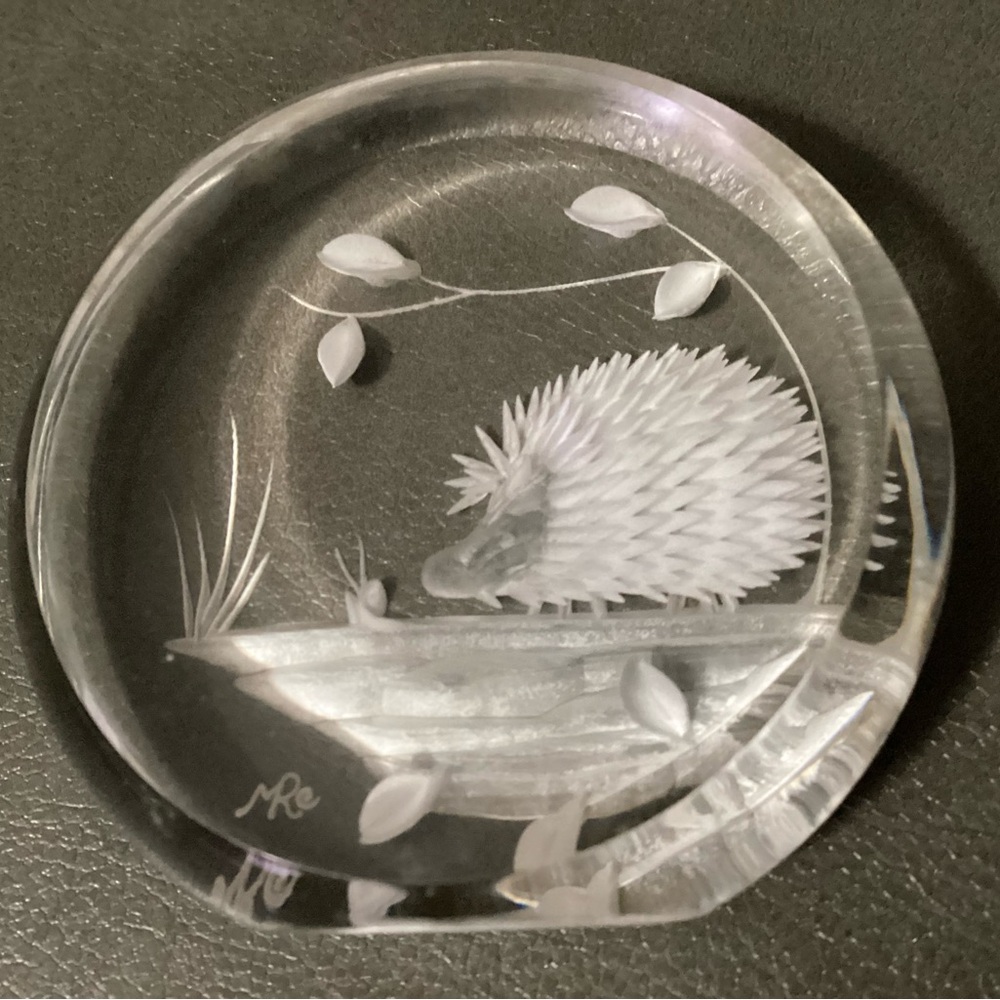 3 Vtg Hedgehogs A Etched  Paperweight,Hot Plate and Pocket Mirror Accents Set